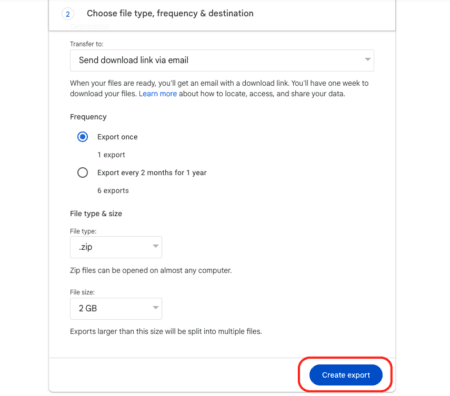 Google Takeout 创建导出。