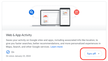 Google 关闭网页和应用活动。