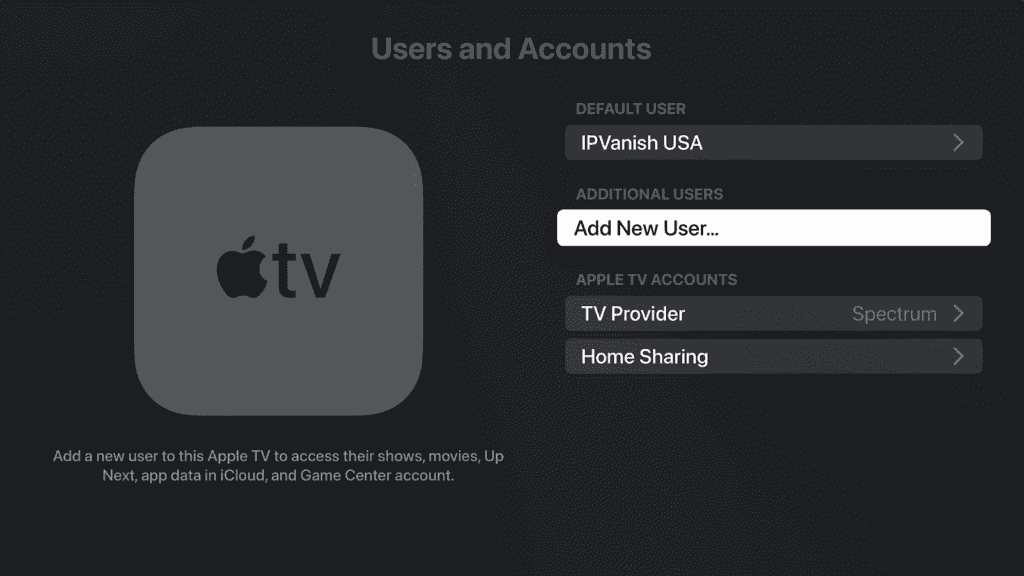 tvOS17设置的截图，突出显示“添加新用户...”
